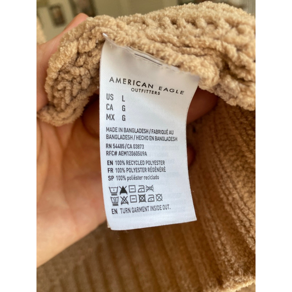 American Eagle Chunky Knit Cardigan Open Front Pockets Beige L Cozy Buttery Soft - Picture 7 of 8